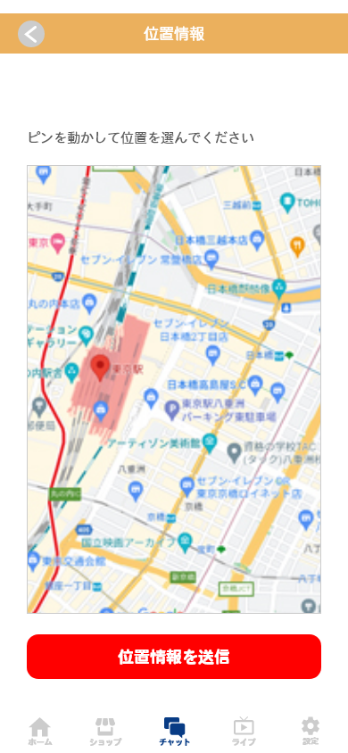 待ち合わせなどに便利な、位置情報を送ることもできます!位置情報アイコンをタップして、ピンを動かすと位置情報を送ることができます。
