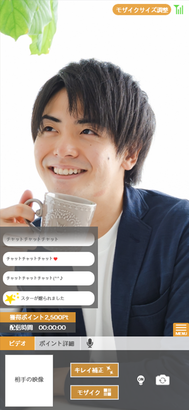 2ショットライブが始まると、このような画面になります。ビデオタブで「キレイ補正」や「モザイク設定」、画面切替えができます。(フラッシュは外側カメラの場合のみ表示されます。)2人だけの素敵な空間をお楽しみ頂けます♪